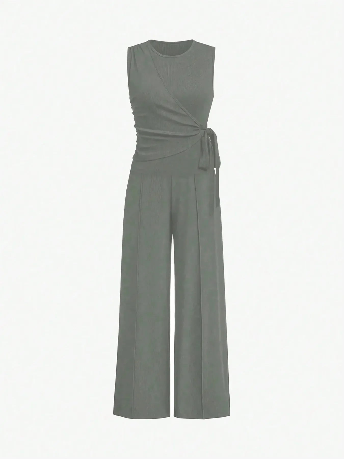 Round Neck Sleeveless Top and Pants Set Grey / S