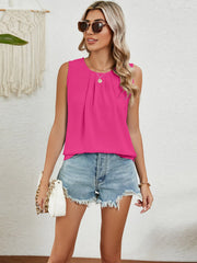 Round Neck Sleeveless Top with Pleated Front Detail Hot Pink / S