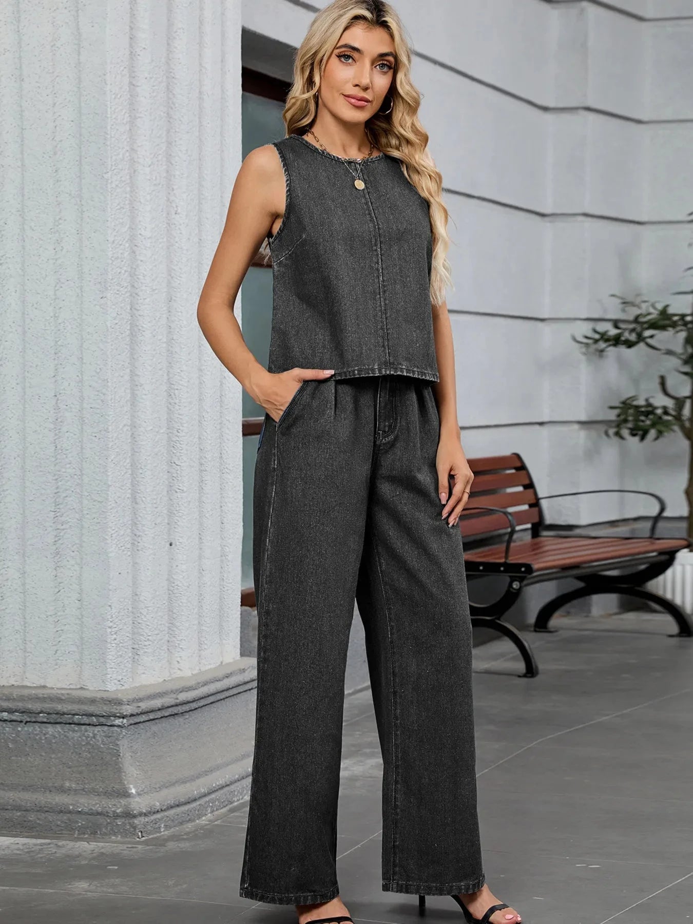 Round Neck Tank and Pants Denim Set