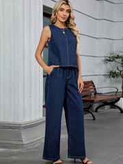 Round Neck Tank and Pants Denim Set