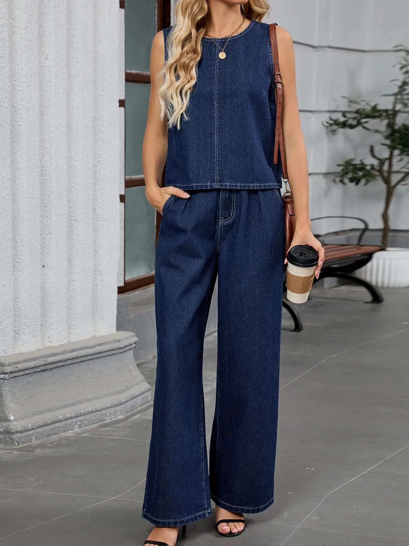 Round Neck Tank and Pants Denim Set