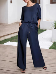 Round Neck Top and Pants Set Navy Blue / S