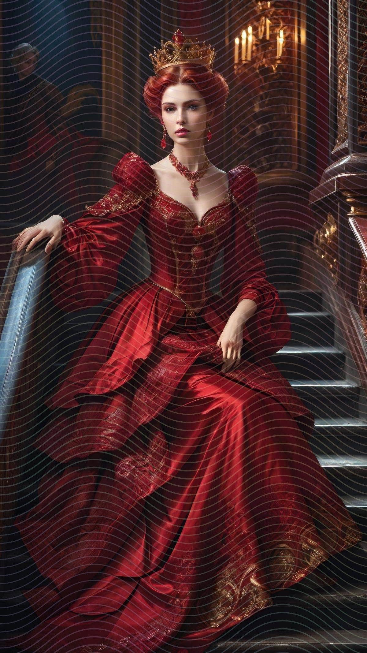 Royal Woman with Red Dress Sitting on A Set of Stairs