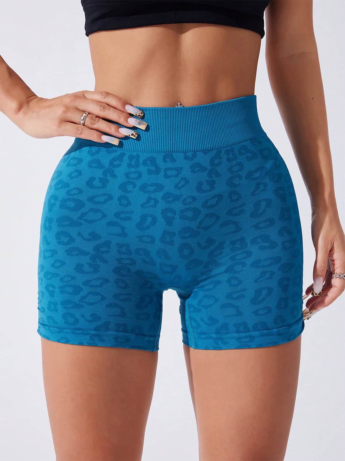 Ruched Leopard High Waist Active Shorts Sky Blue / S