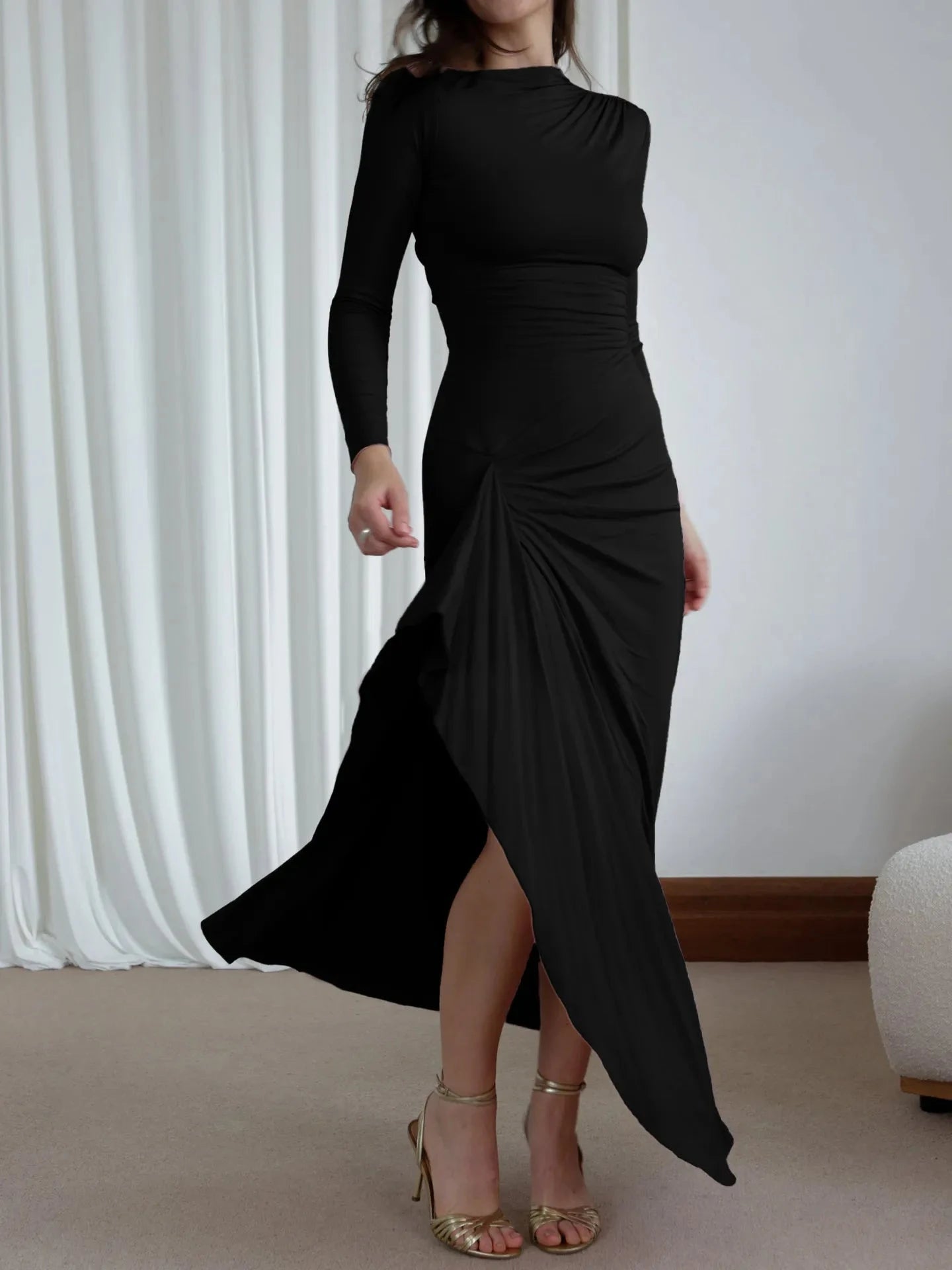Ruched Long Sleeve Maxi Dress Black / S