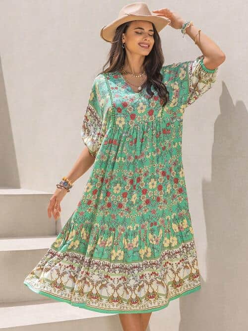 Ruched Printed Puff Sleeve Midi Dress Light Green / 2XL
