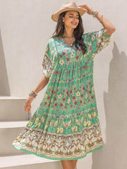 Ruched Printed Puff Sleeve Midi Dress Light Green / 2XL