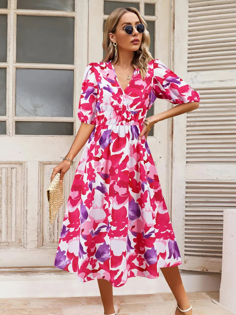 Ruched Printed Surplice Short Sleeve Dress Hot Pink / S
