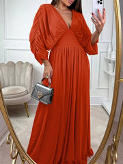 Ruched Sleeve V-Neck Maxi Dress Orange-Red / S