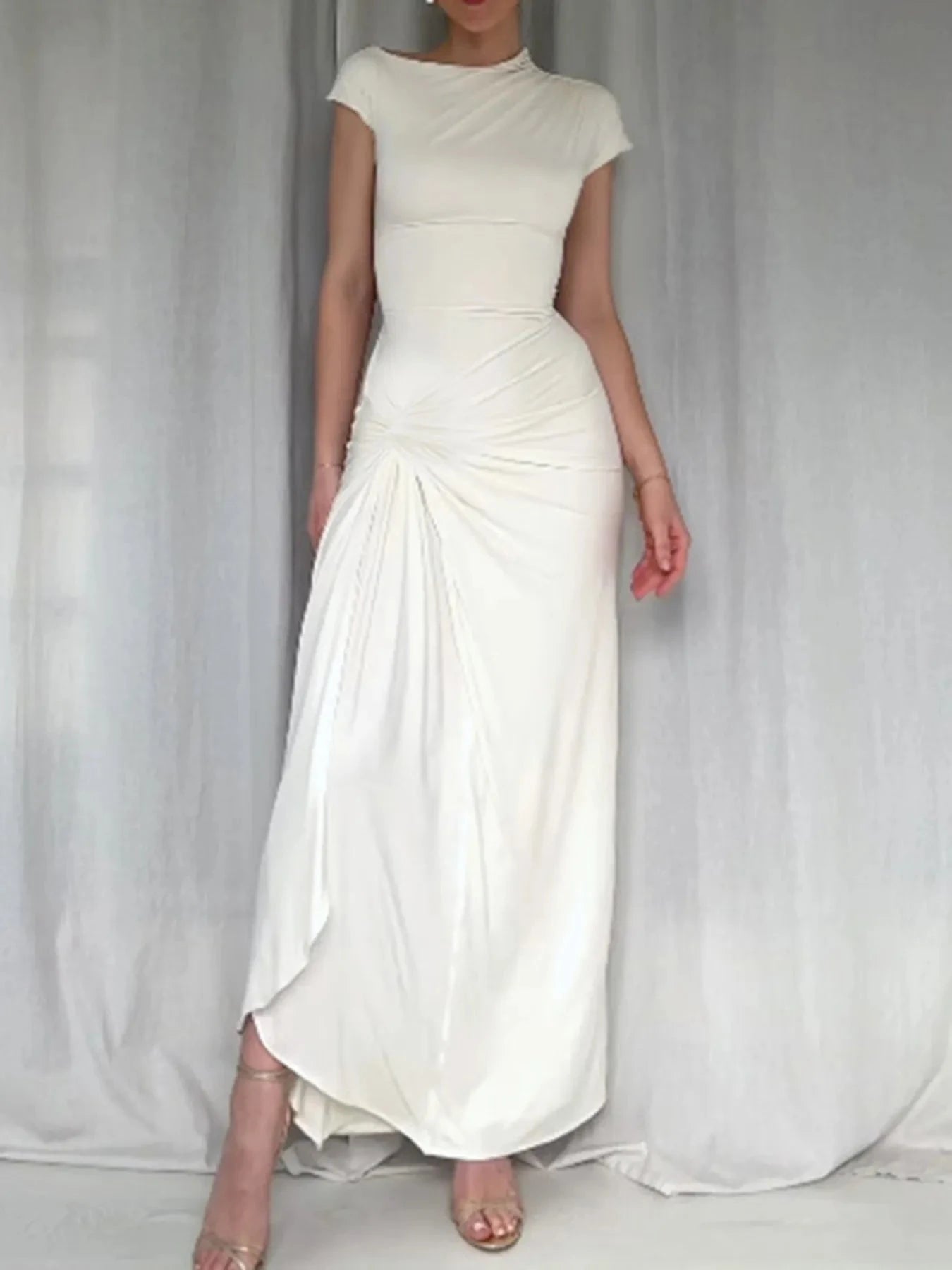 Ruched Slit Cap Sleeve Maxi Dress