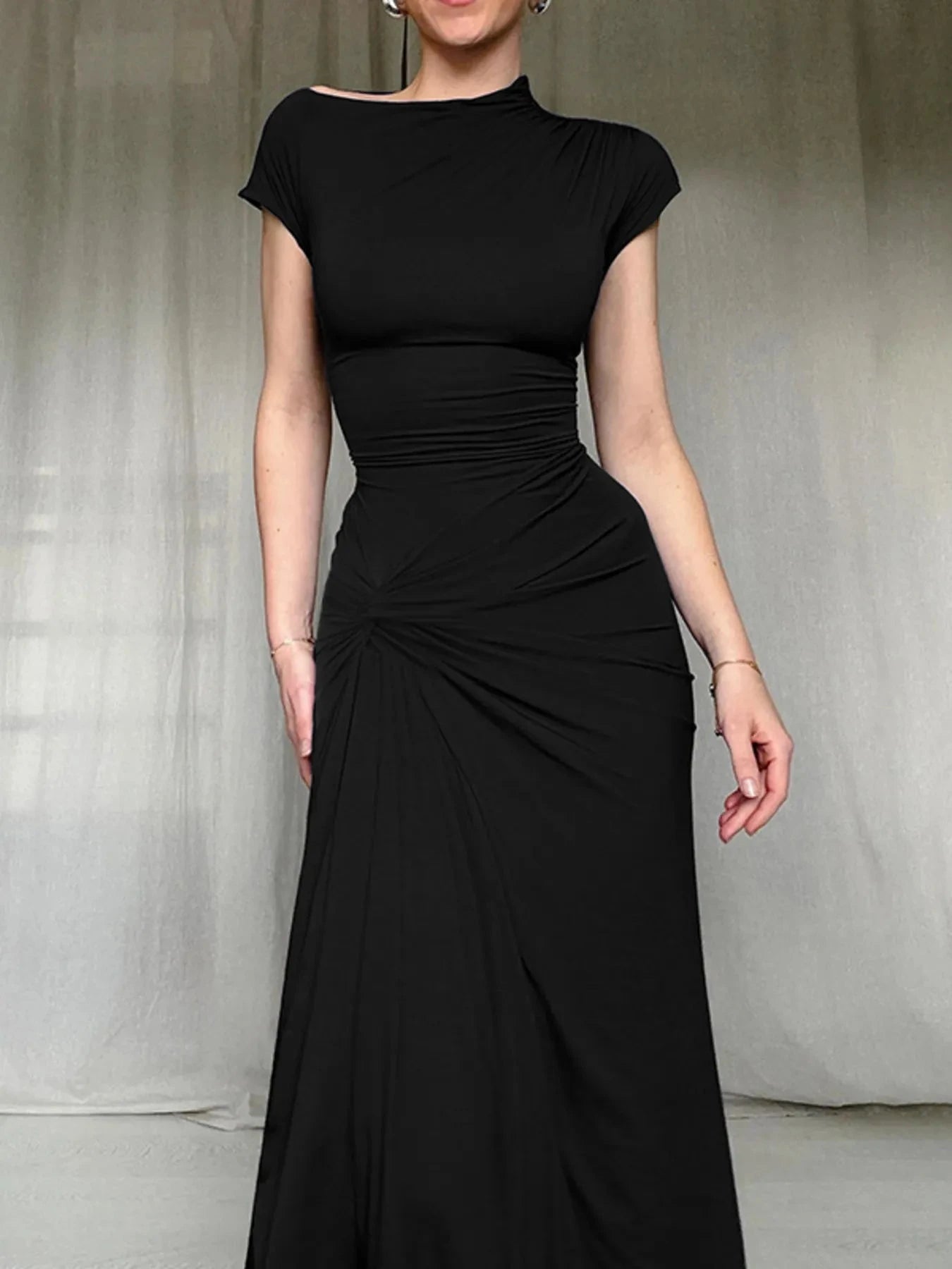 Ruched Slit Cap Sleeve Maxi Dress