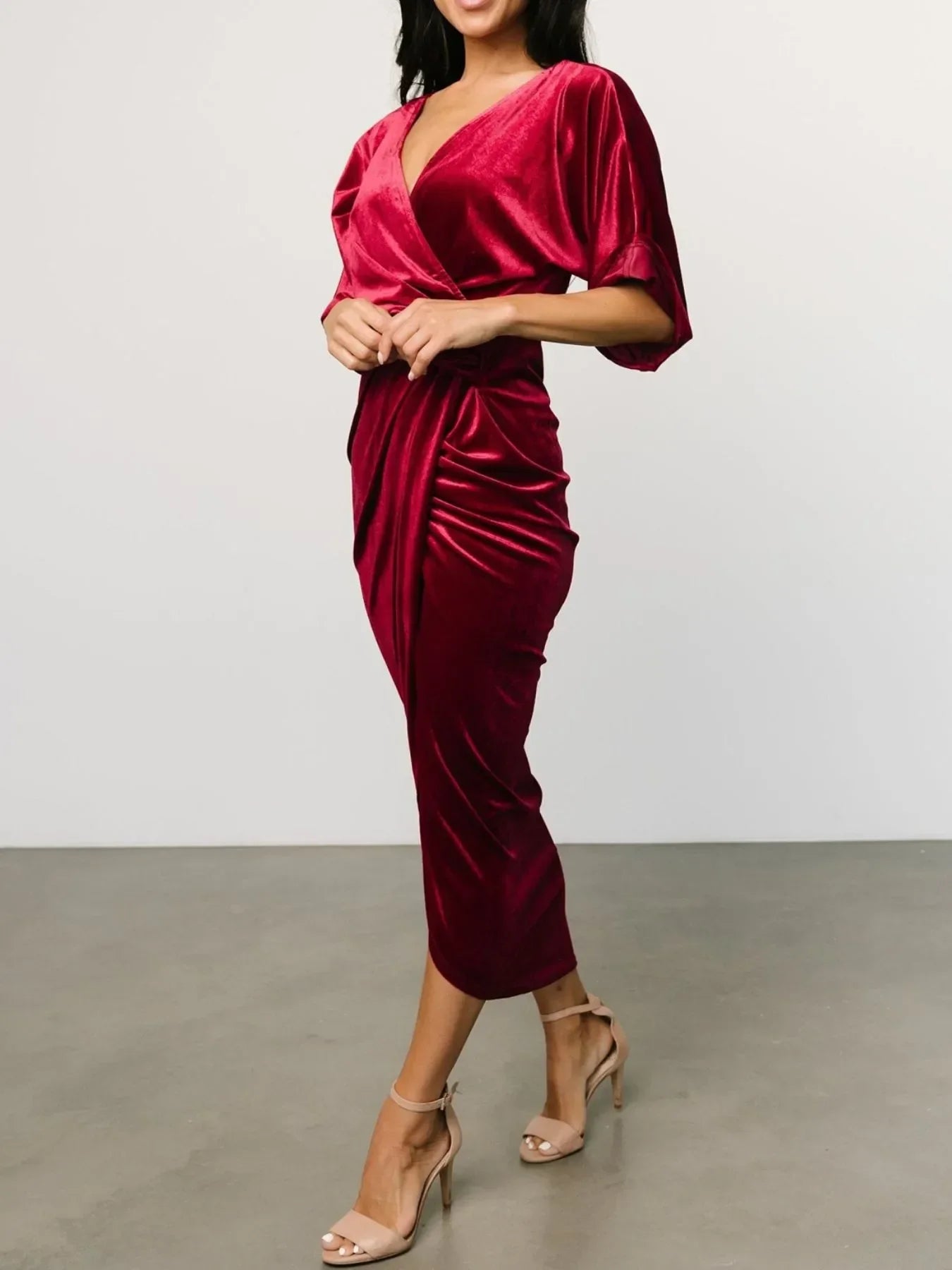 Ruched Surplice Half Sleeve Dress