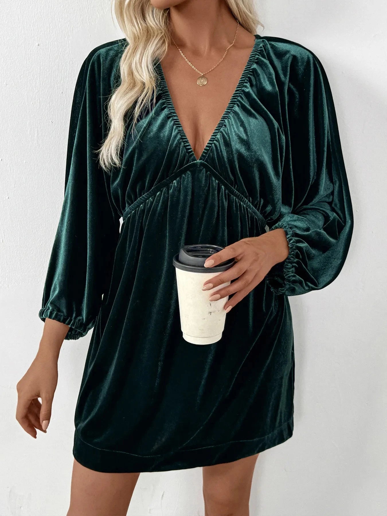 Ruched V-Neck Balloon Sleeve Dress