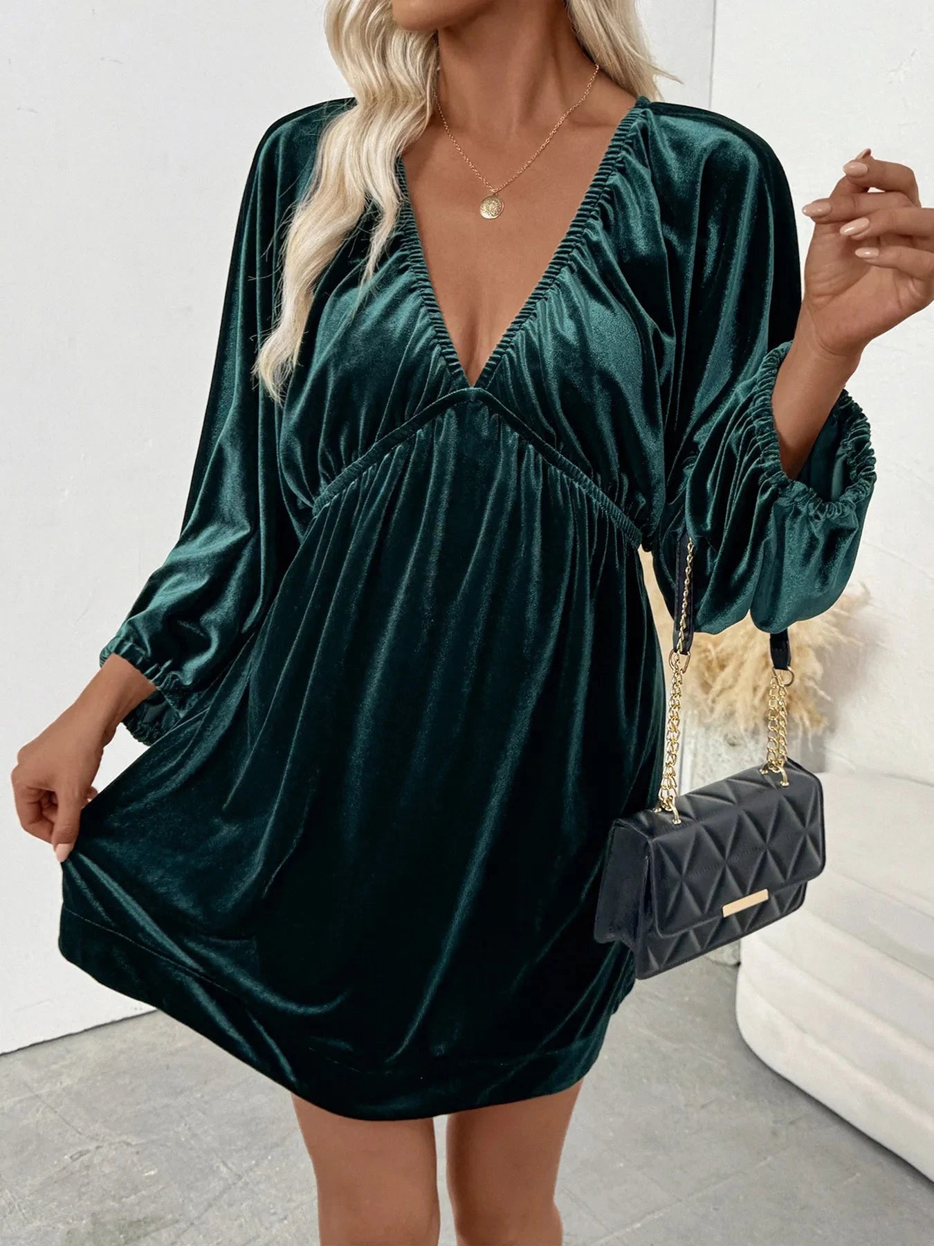 Ruched V-Neck Balloon Sleeve Dress