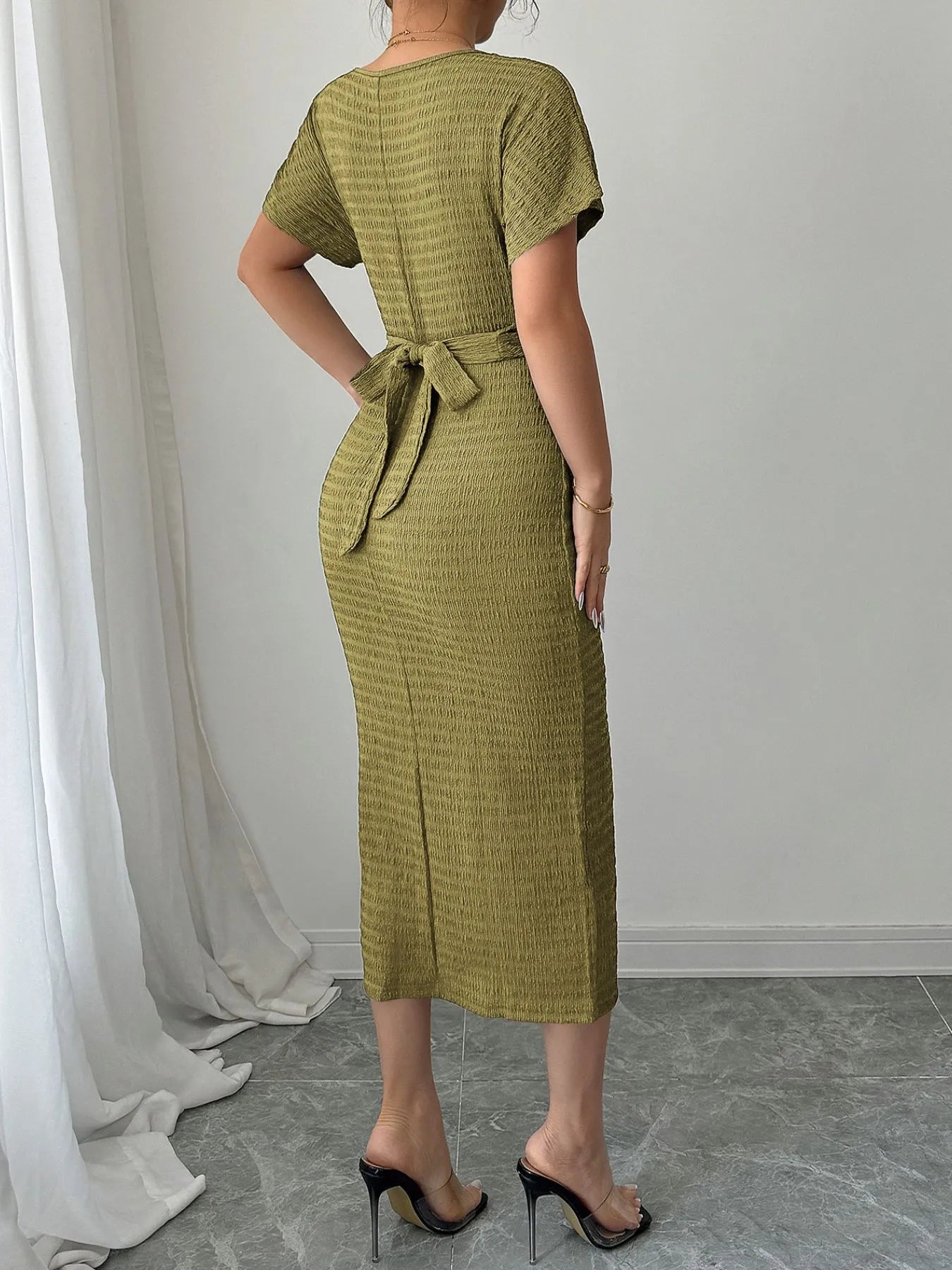 Ruched Waist Textured Midi Dress