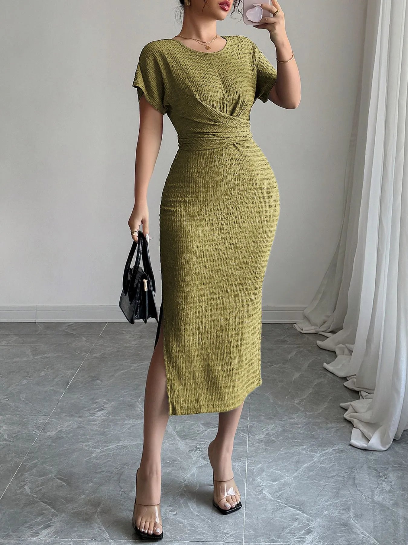 Ruched Waist Textured Midi Dress