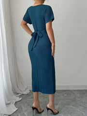 Ruched Waist Textured Midi Dress