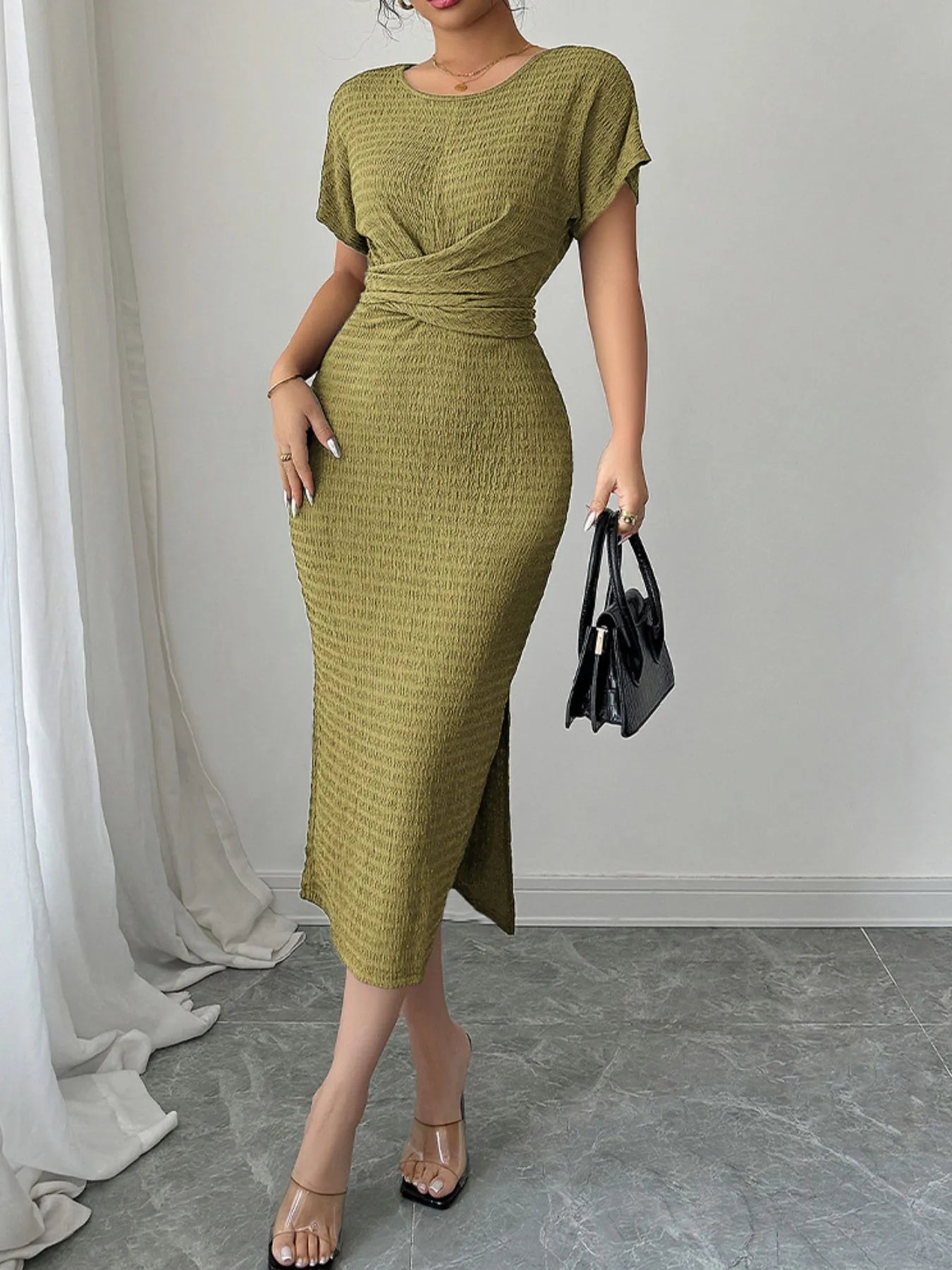 Ruched Waist Textured Midi Dress