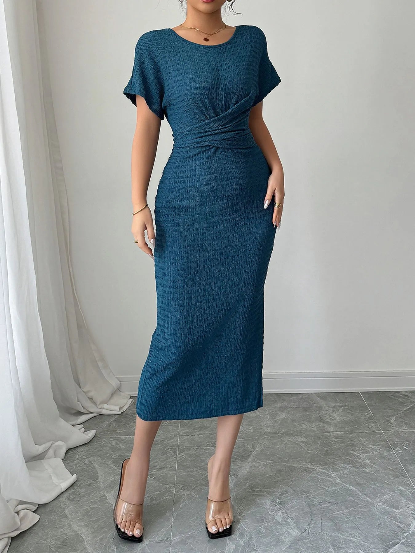 Ruched Waist Textured Midi Dress