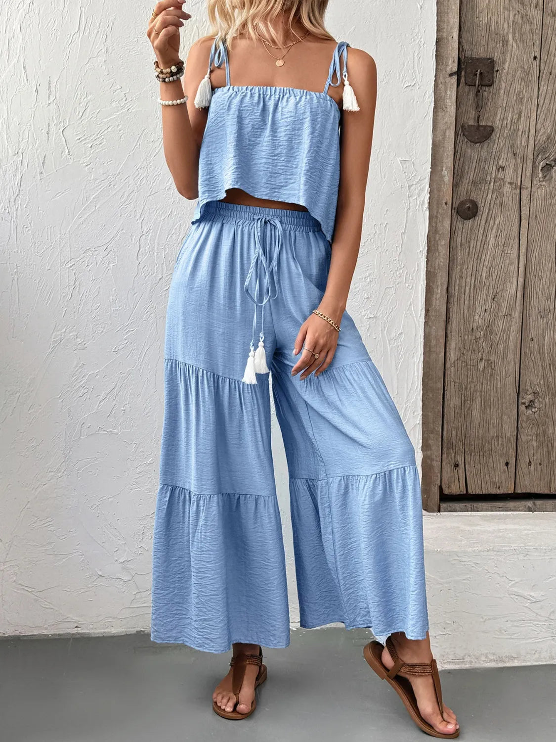 Ruffle Cami Top and Wide Leg Pants Set