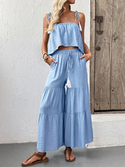 Ruffle Cami Top and Wide Leg Pants Set