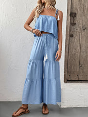 Ruffle Cami Top and Wide Leg Pants Set Light Blue / S