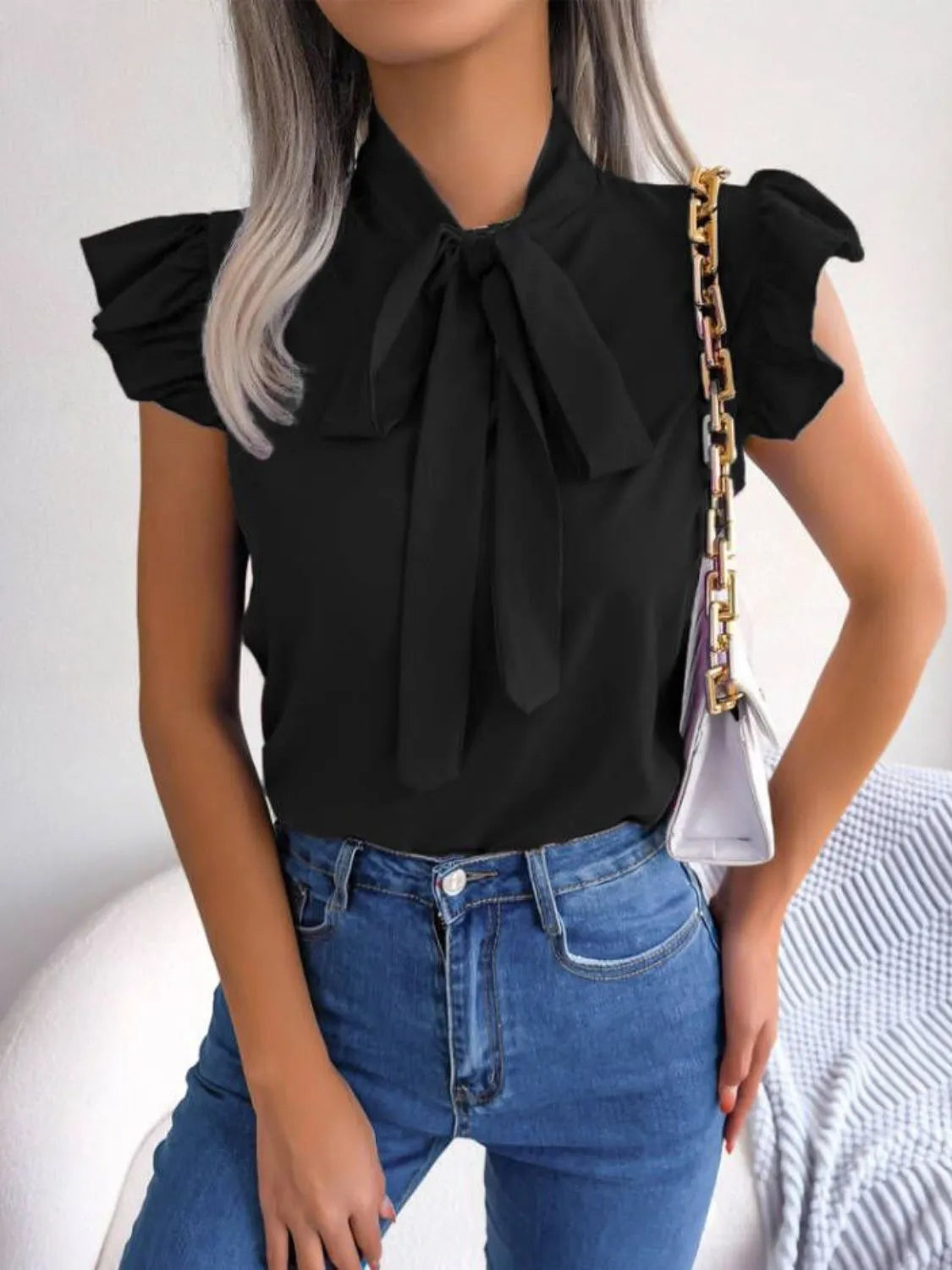 Ruffle Cap Sleeve Bow Tie Blouse Black / S