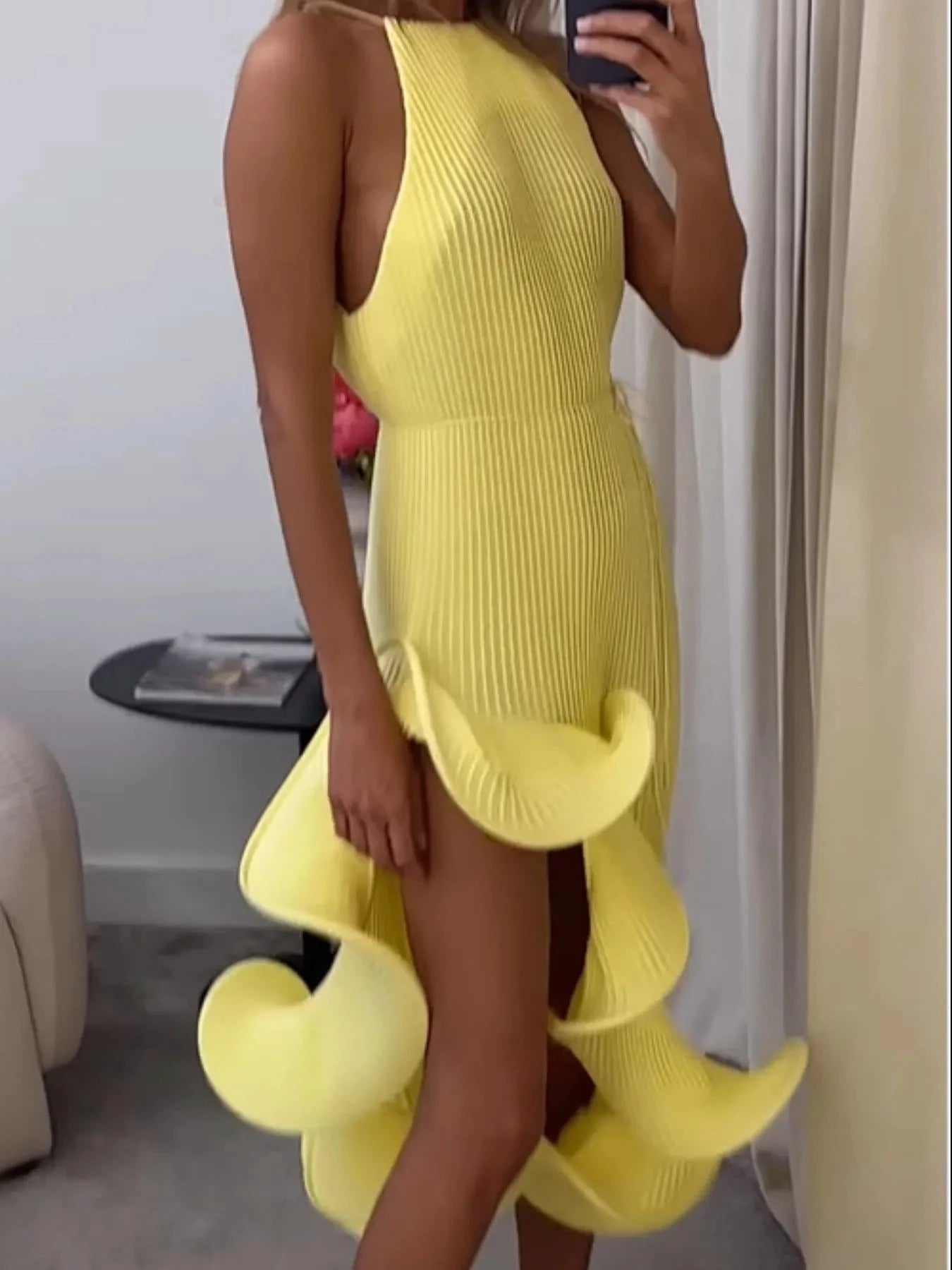 Ruffle Hem Ribbed Sleeveless Dress