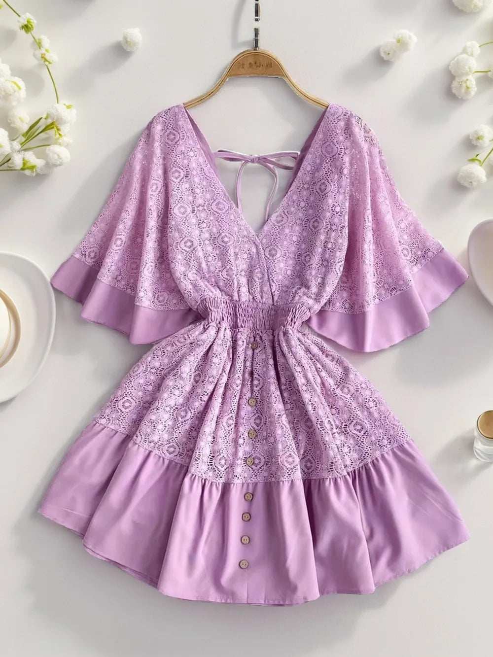 Ruffle Hem Tie Back Lace Mini Dress Lavender / S