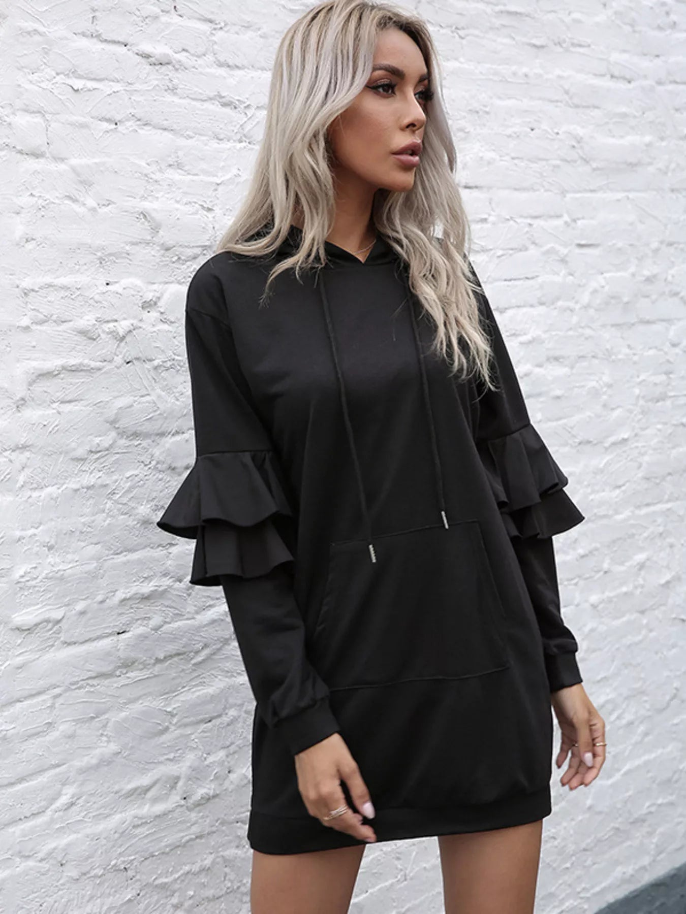 Ruffle Long Sleeve Hooded Mini Dress Black / S