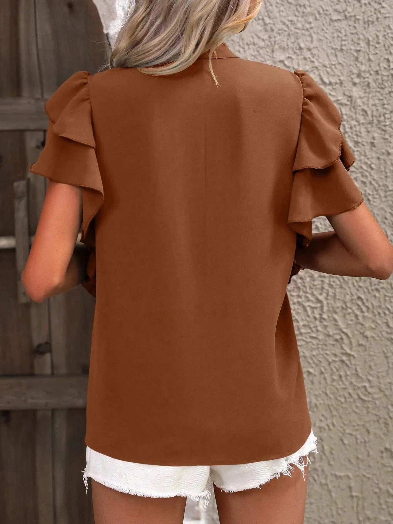 Ruffle Sleeve Notched Blouse