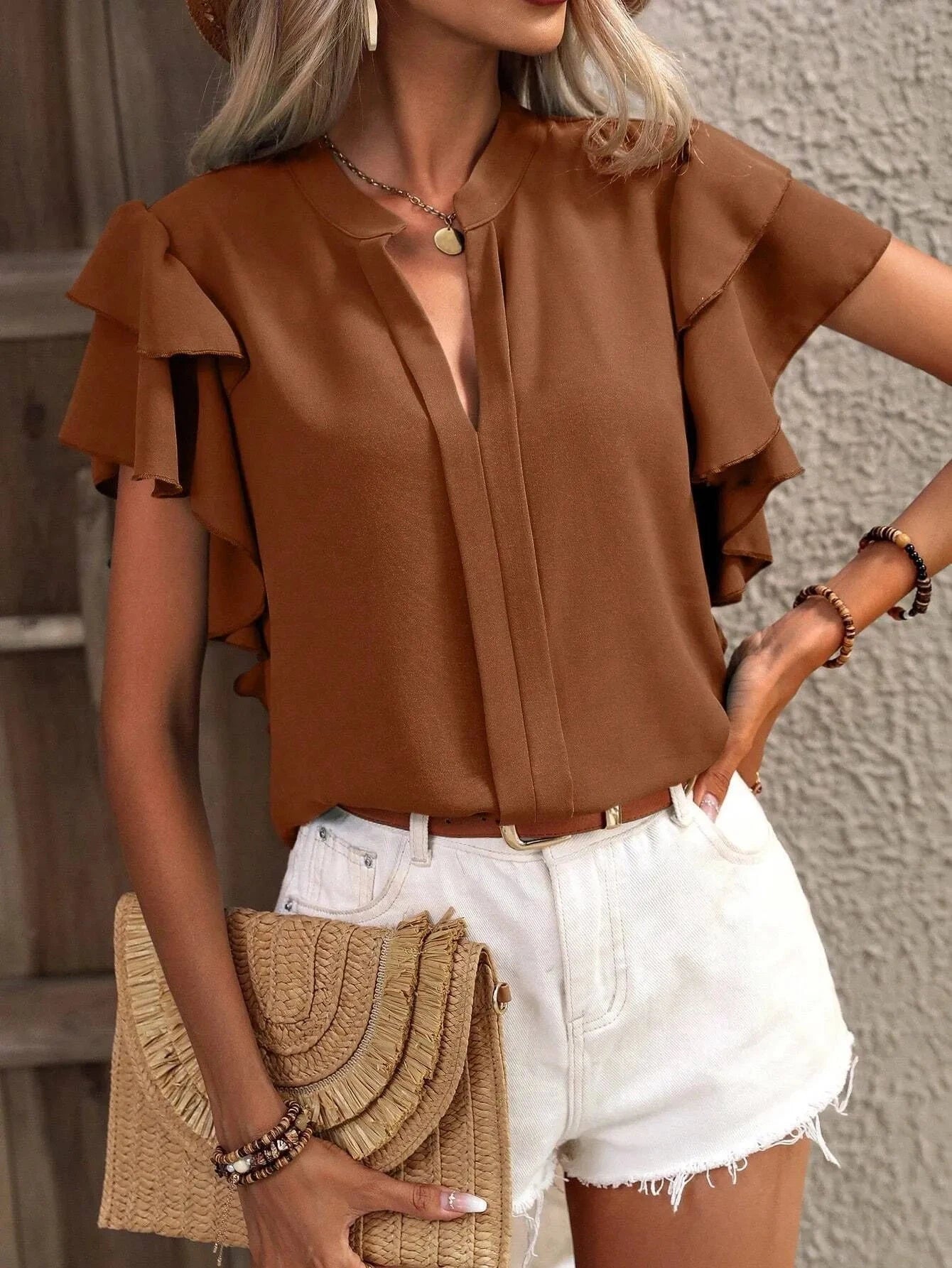 Ruffle Sleeve Notched Blouse
