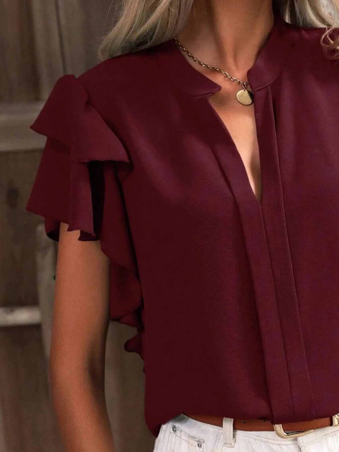 Ruffle Sleeve Notched Blouse