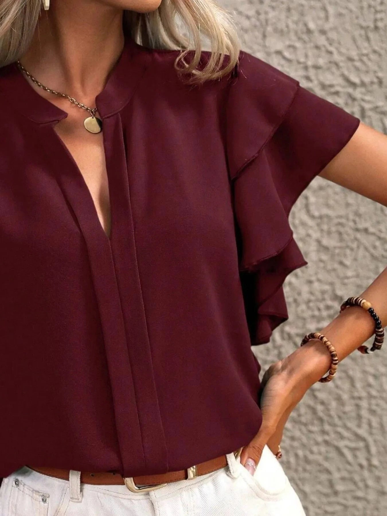Ruffle Sleeve Notched Blouse