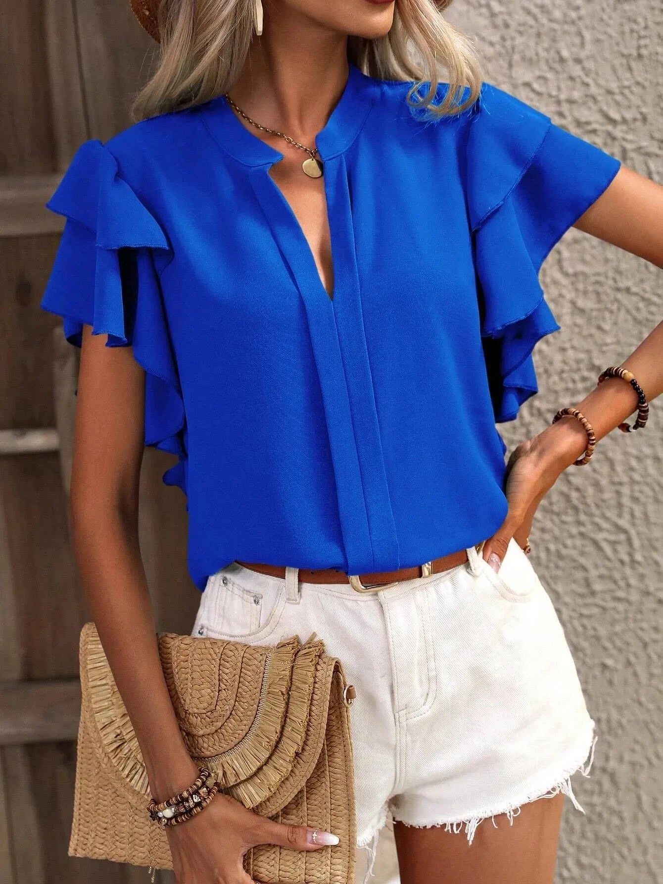 Ruffle Sleeve Notched Blouse