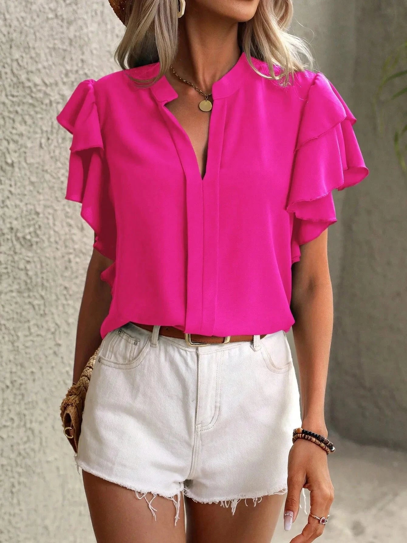 Ruffle Sleeve Notched Blouse