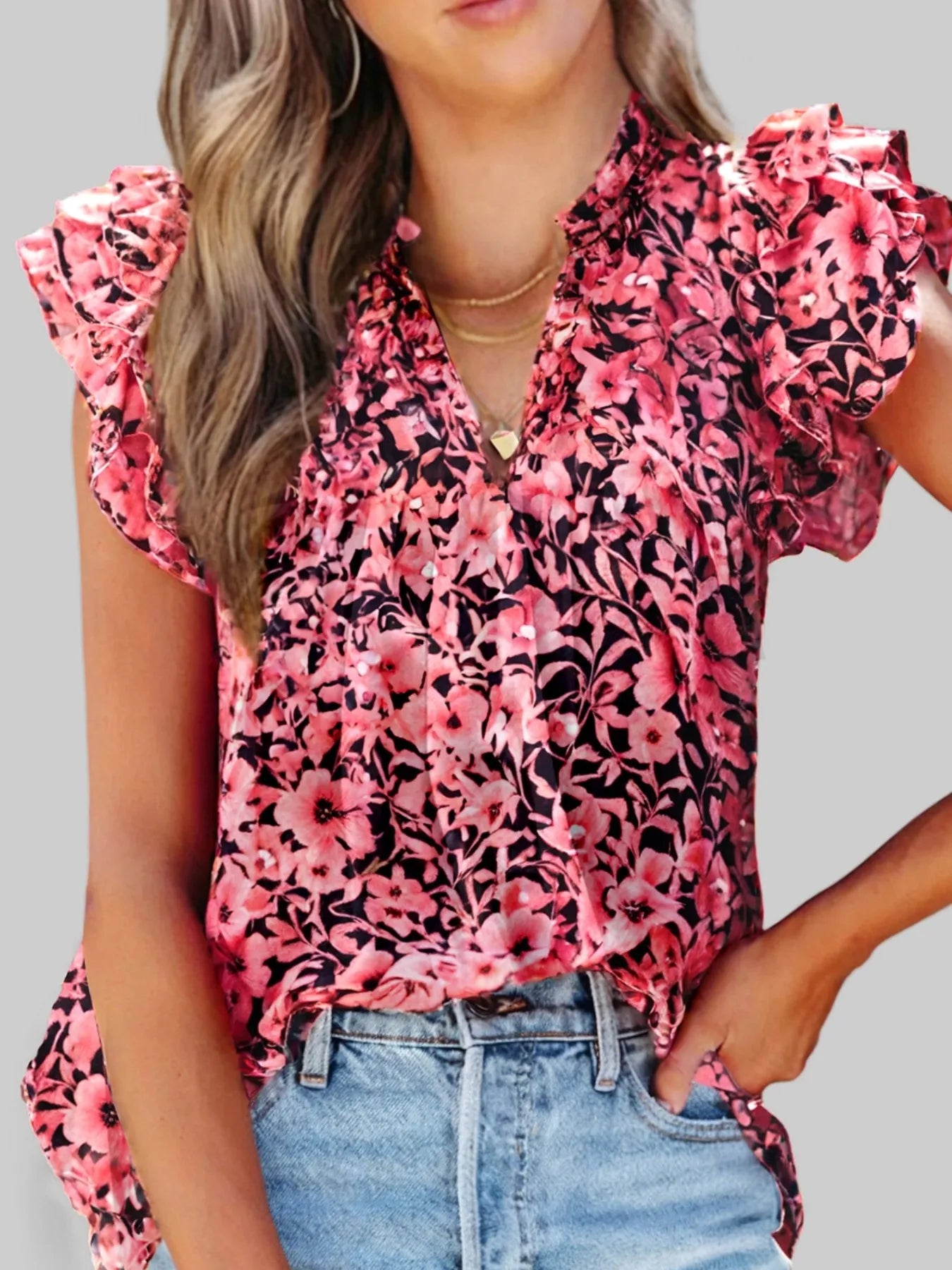 Ruffle Sleeve Notched Blouse