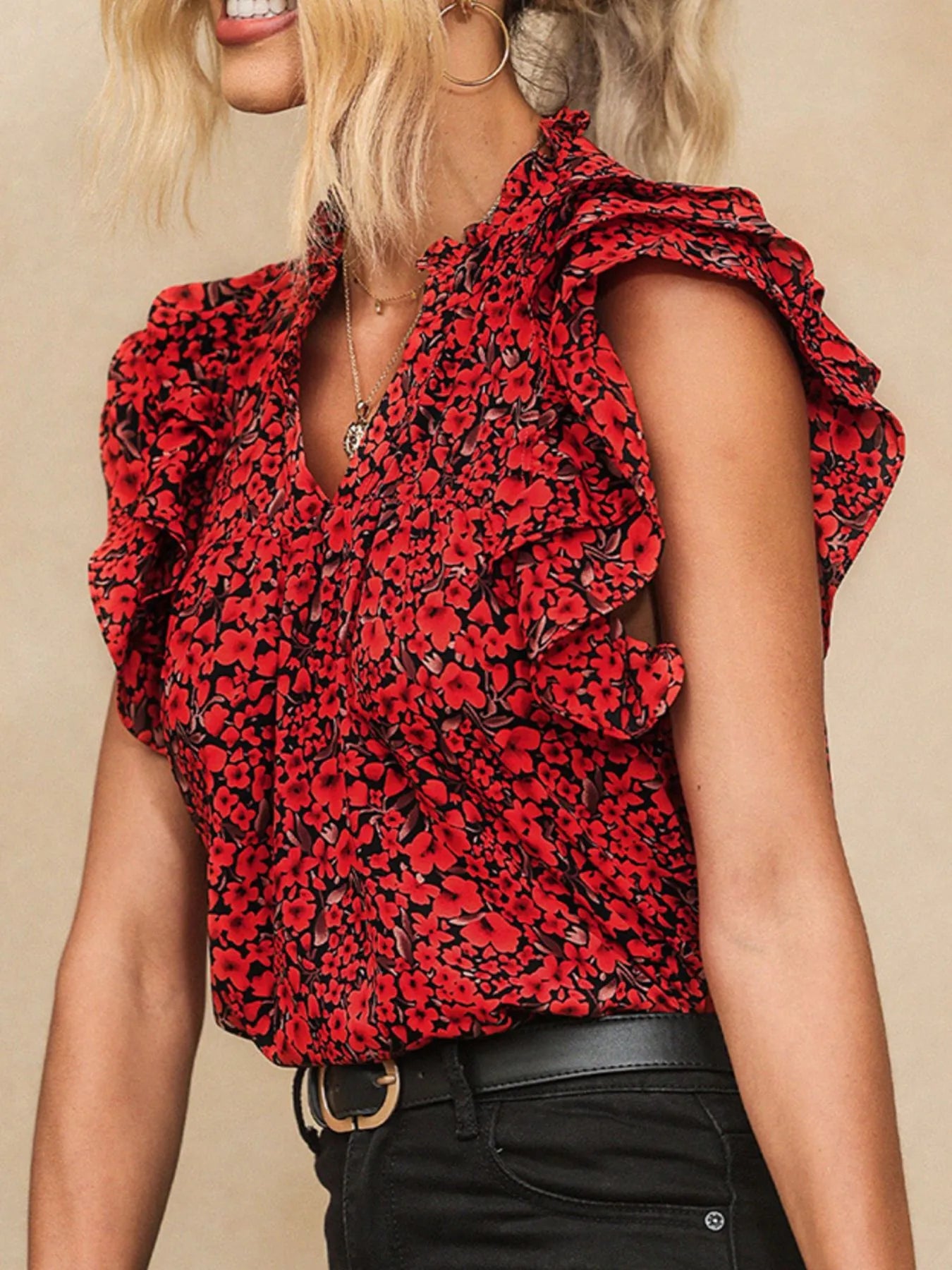 Ruffle Sleeve Notched Blouse