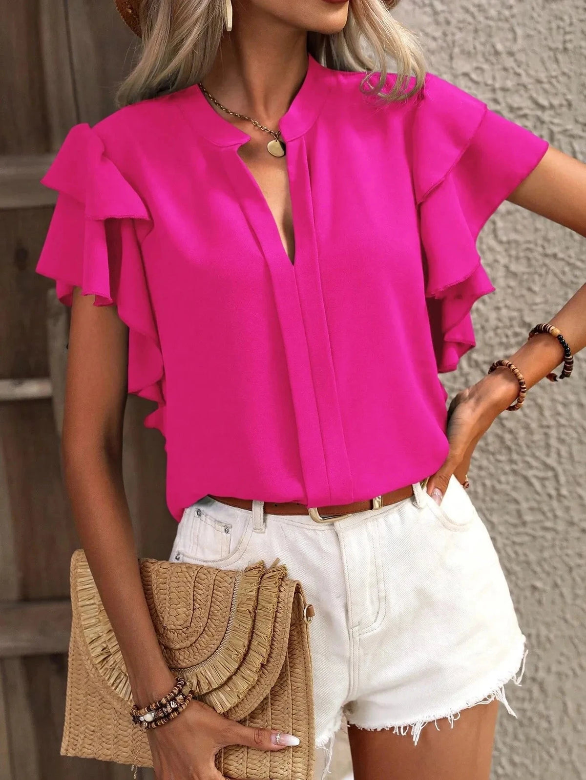 Ruffle Sleeve Notched Blouse Hot Pink / S