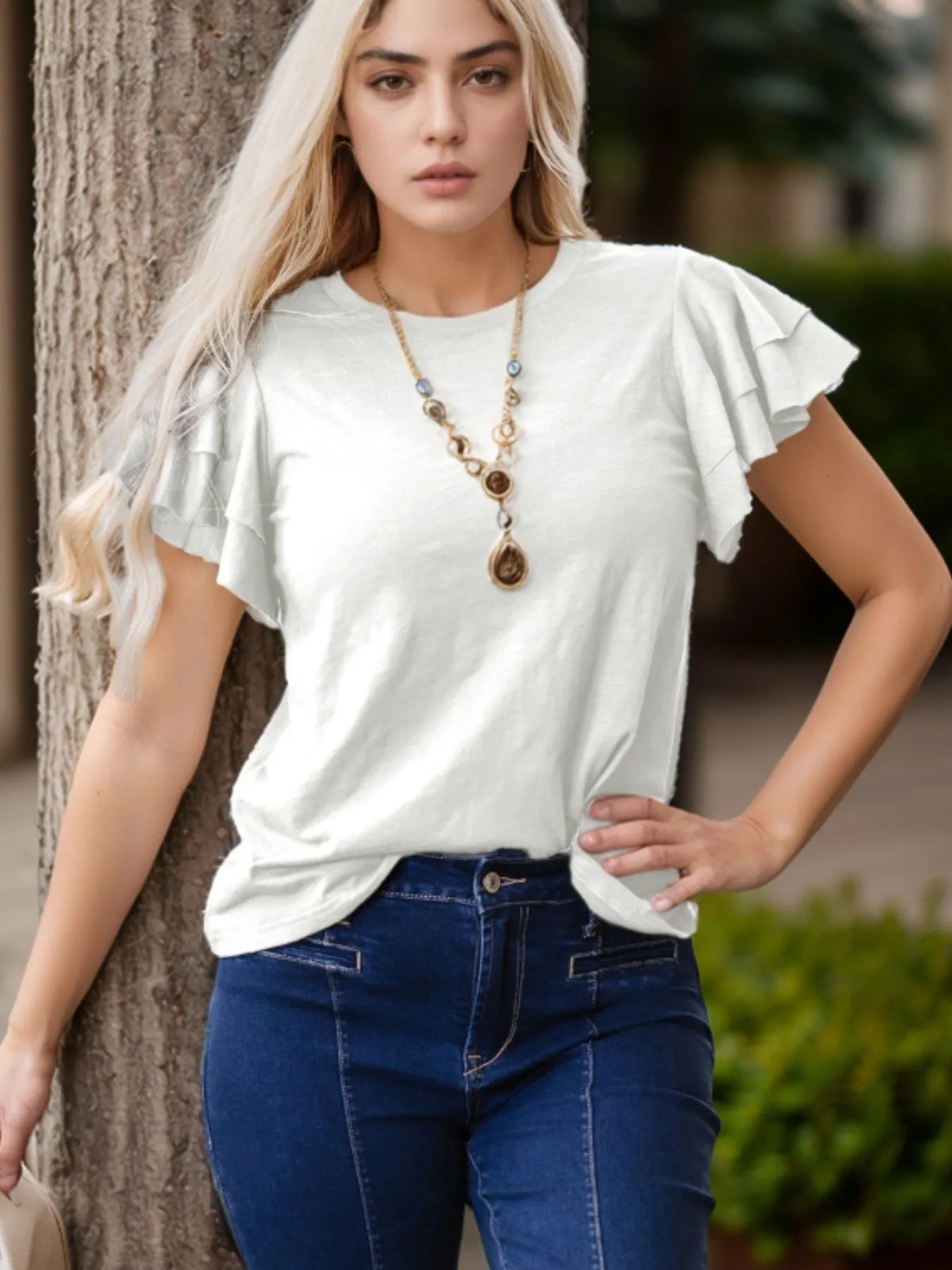 Ruffle Sleeve Round Neck Top White / S