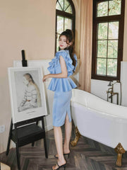 Ruffle Sleeves Peplum Midi Dress