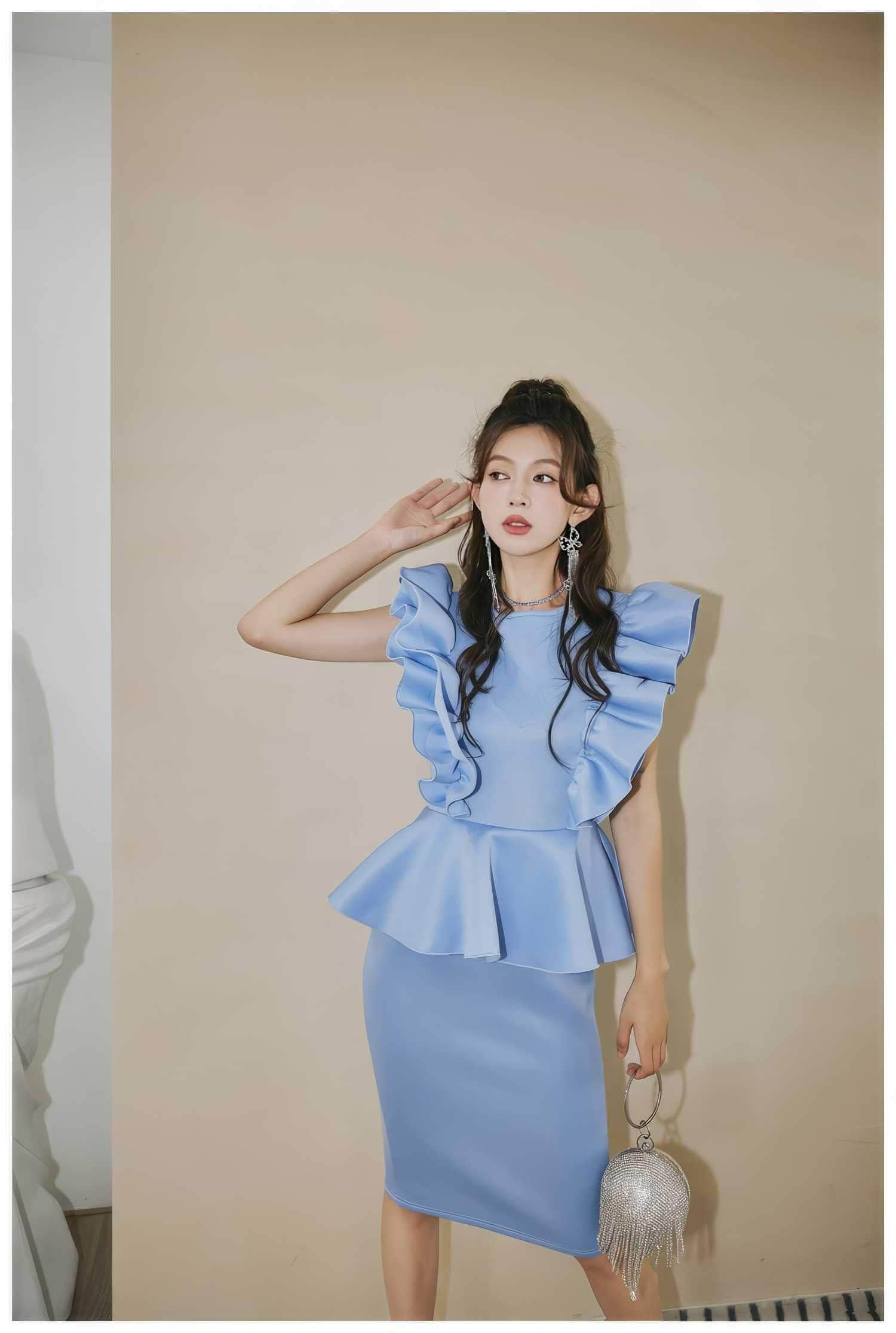 Ruffle Sleeves Peplum Midi Dress