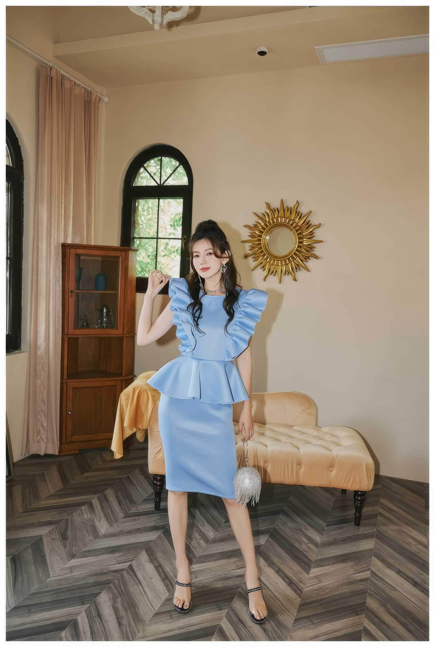 Ruffle Sleeves Peplum Midi Dress