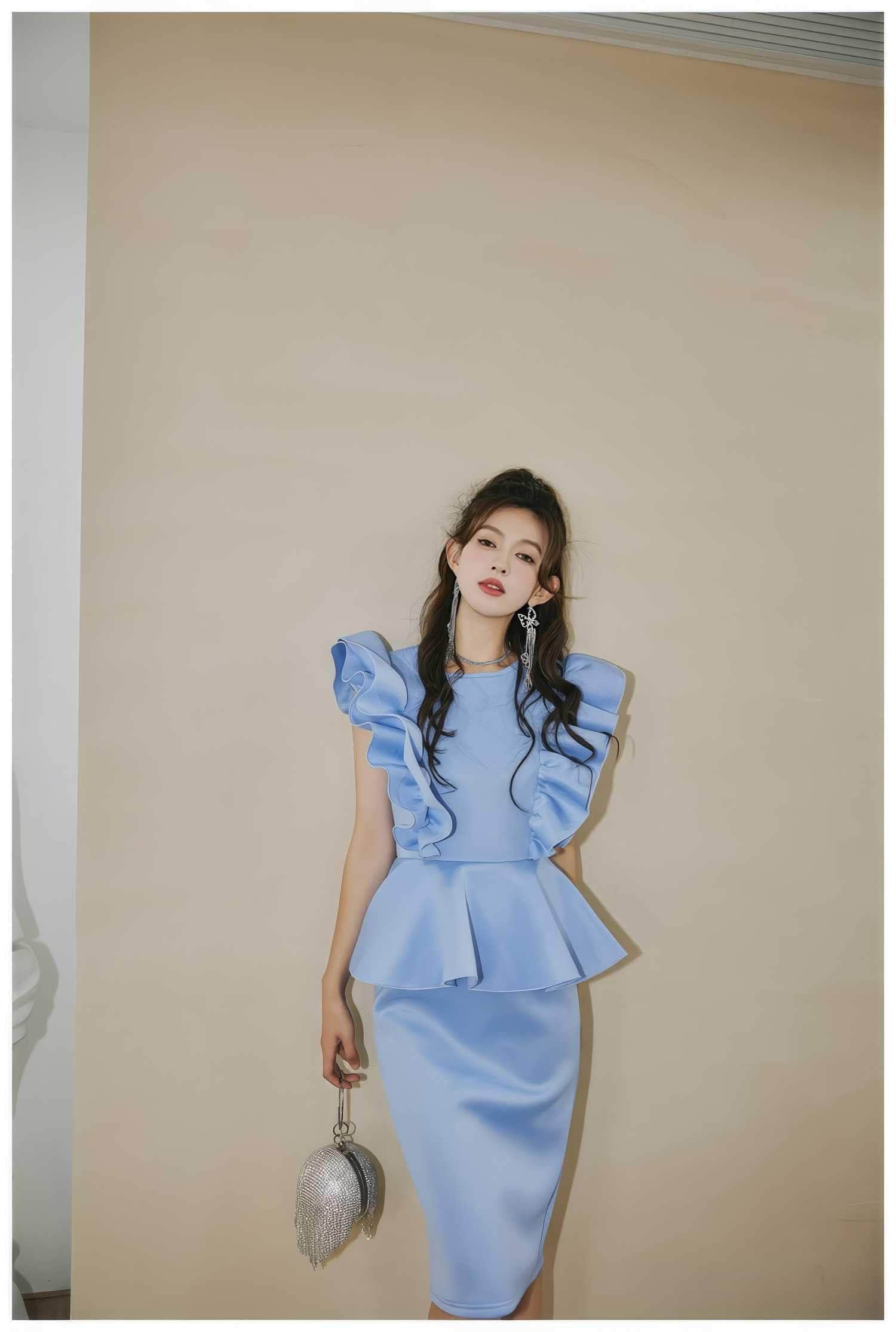 Ruffle Sleeves Peplum Midi Dress