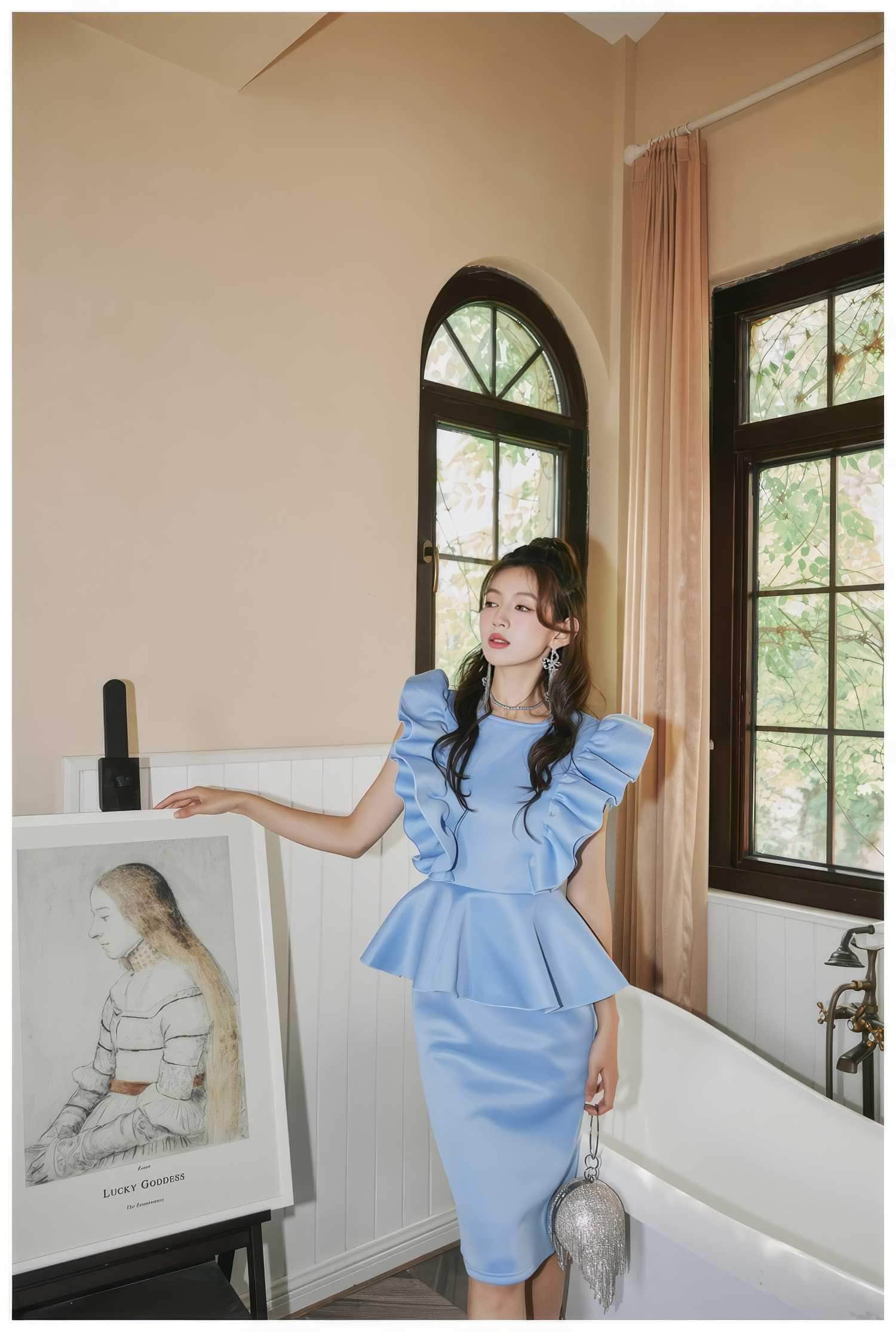 Ruffle Sleeves Peplum Midi Dress