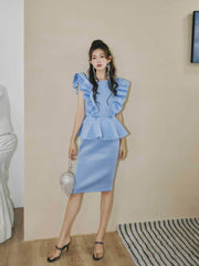 Ruffle Sleeves Peplum Midi Dress