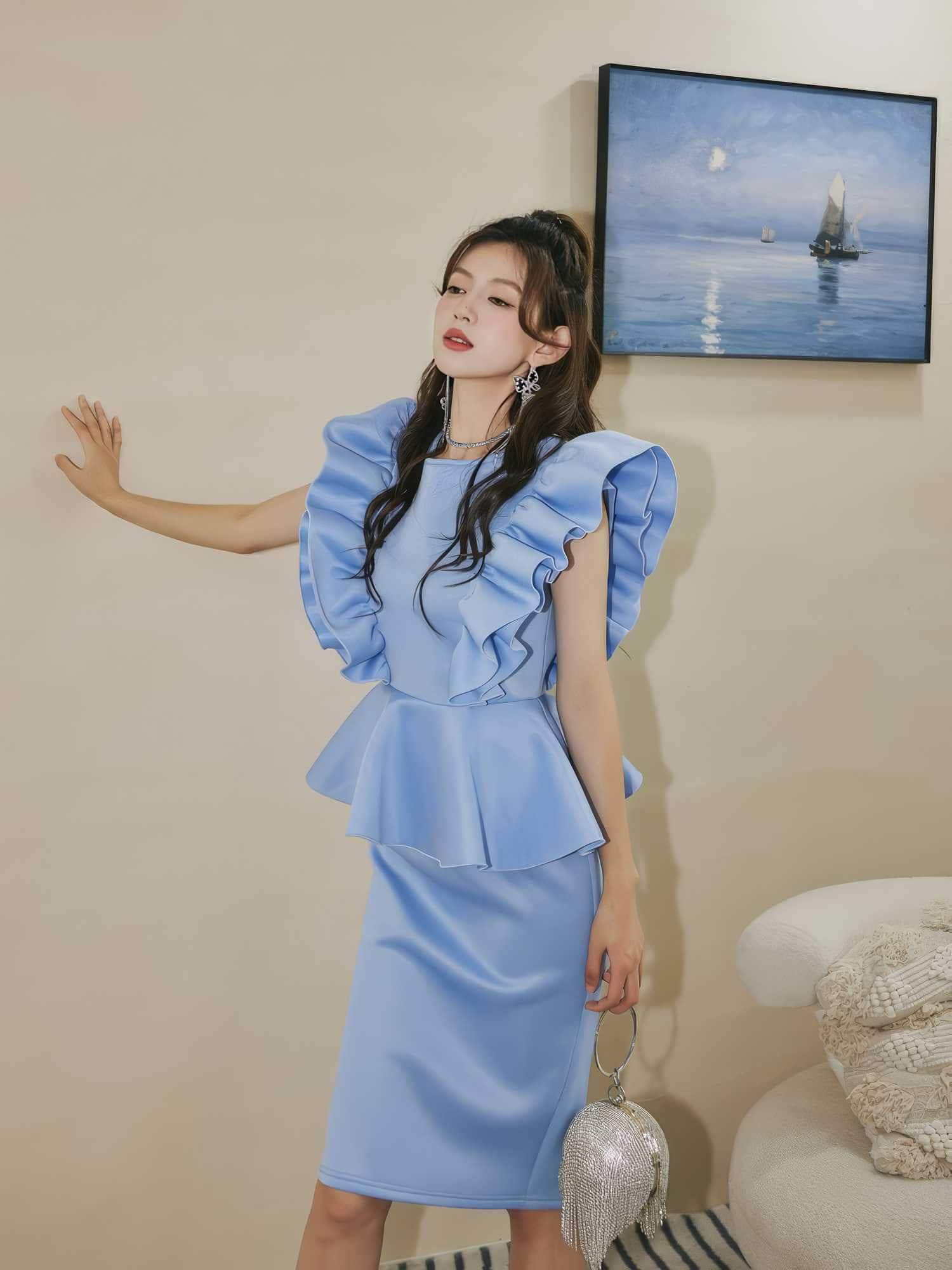 Ruffle Sleeves Peplum Midi Dress