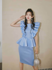 Ruffle Sleeves Peplum Midi Dress S / CornflowerBlue
