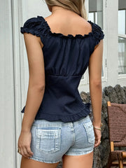 Ruffle Trim Button-Up Cap Sleeve Shirt