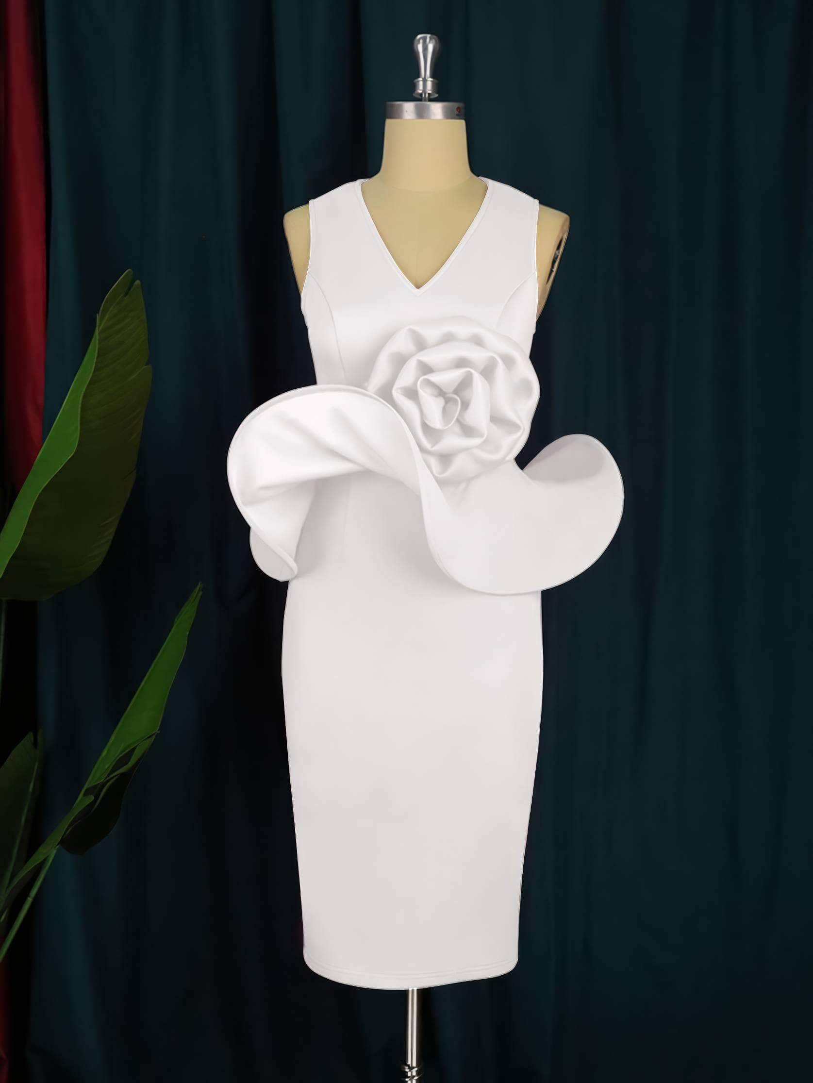 Ruffle Trim Large Flower Embellished Peplum Dress US 4-6 / White